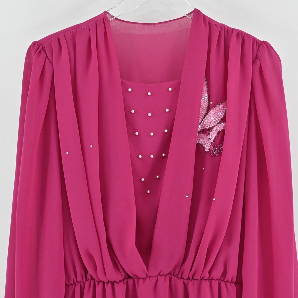 Vintage‎ 70s 80s Blouson Evening Midi Dress Sz 10 Pink Beaded Sequin Puff Sleeve - Picture 8 of 13